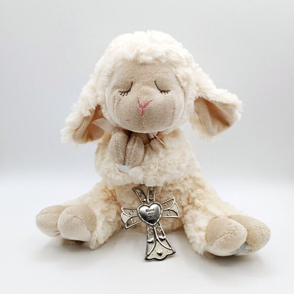 GET YOUR HANDS  ON A GANZ 10" Plush Off White Ivory Lamb Sheep w/Metal Cross - Picture 1 of 6